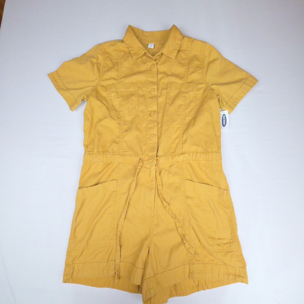 NWT Old Navy Utility Button Up Romper Womens Small Yellow Drawstring Cotton 100%